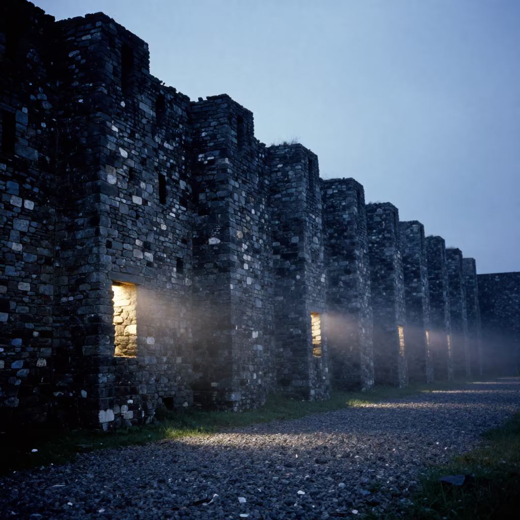 Crumbling Curtain Wall Arrow Slits Bahia Twilight in among roofless stone chambers in Bahia