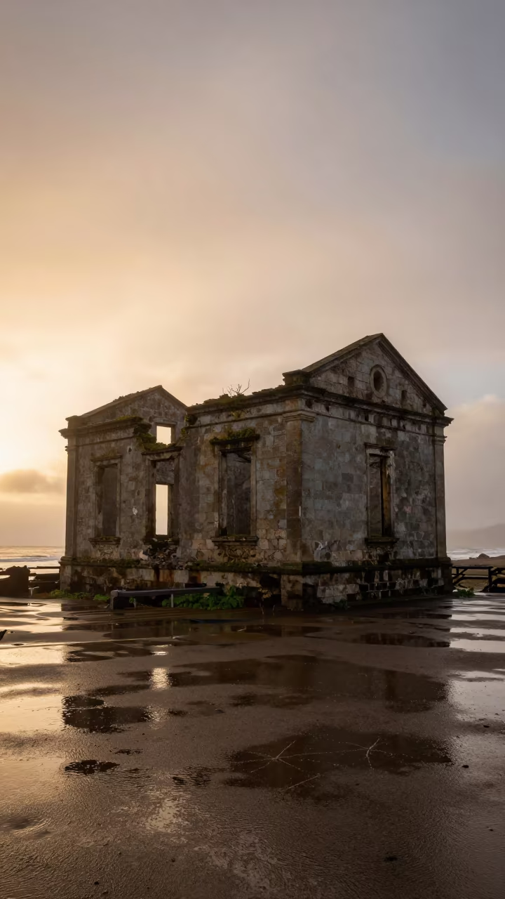 Crumbling Customs House at Disused River Port in among roofless stone chambers in California