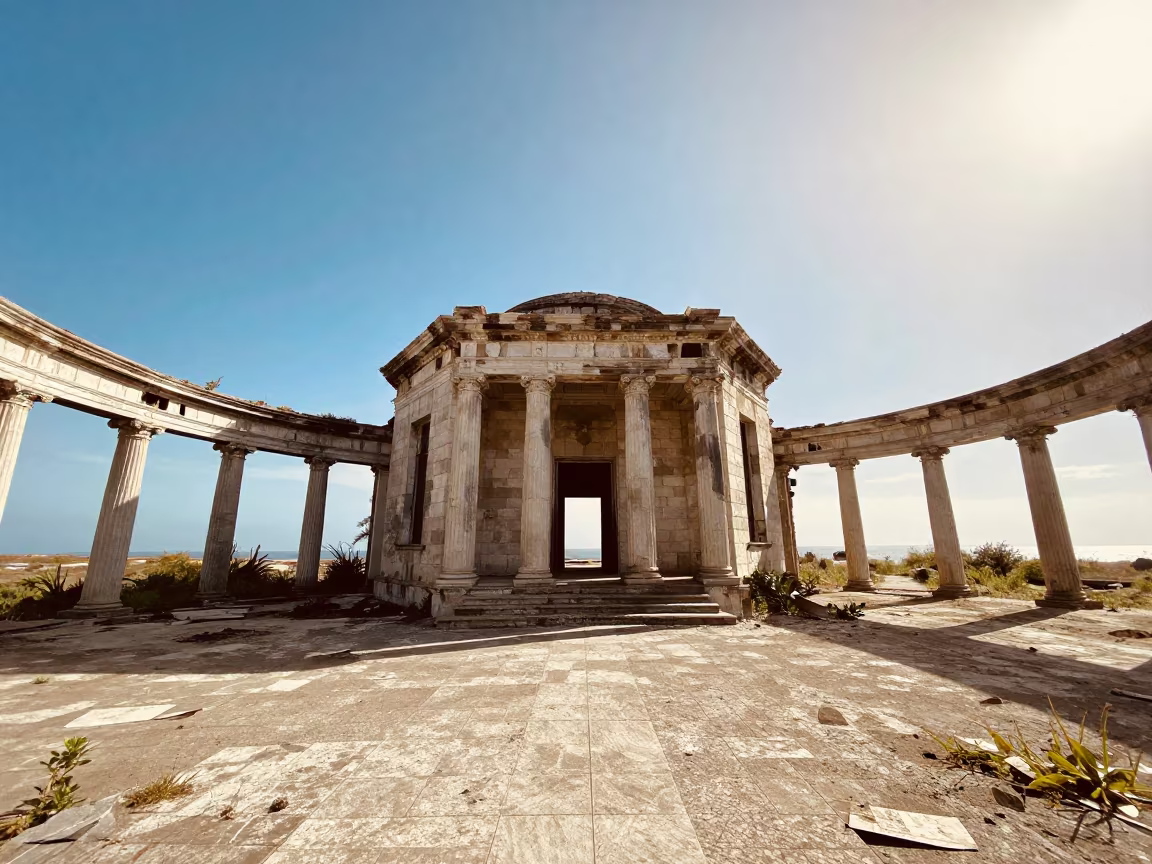 Crumbling Customs House Low Angle in through an abandoned ceremonial court in California