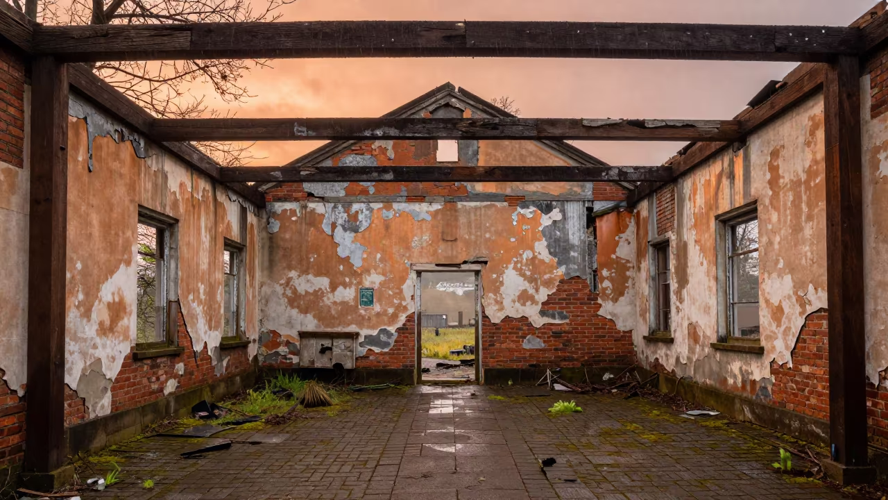 Crumbling Customs House in Roofless Hammam Oregon in inside a roofless hammam in Oregon