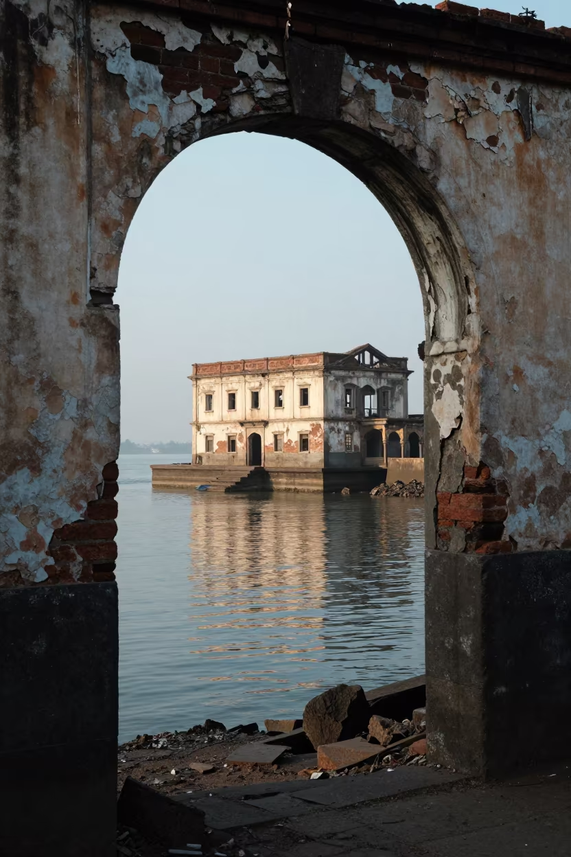 Crumbling Customs House Ruins Mumbai River Port in beneath a broken stone arch near Dadar, Mumbai