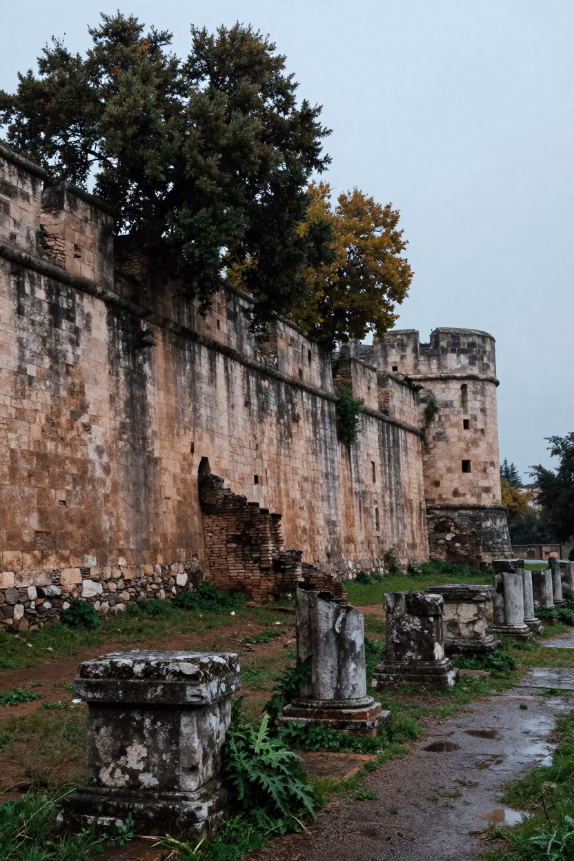Crumbling Fortress Wall with Trees at Dawn in among toppled columns and nettles near Palma Soriano