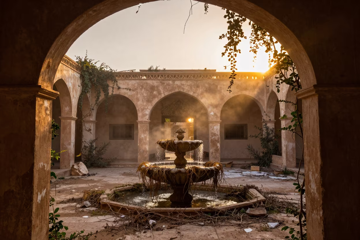 Crumbling Hacienda Courtyard Dry Fountain in among toppled columns and nettles near Hurghada