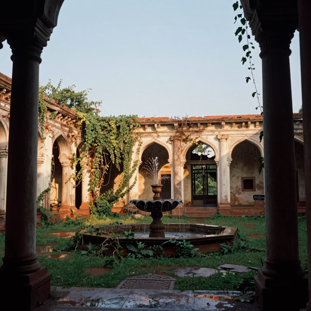 Crumbling Hacienda Fountain Amidst Rainy Season Vines in among toppled columns and nettles near Cumilla