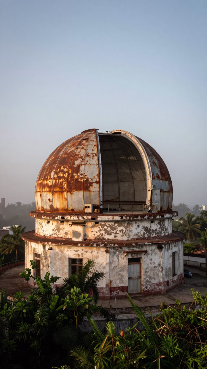 Crumbling Havana Hilltop Observatory Dome Ajar at Nautical Dawn with Telescope Lens in in Havana, Cuba