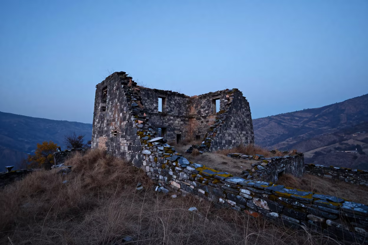 Crumbling Hilltop Fort Ruin at Twilight in Himachal in inside a roofless nave in Himachal Pradesh