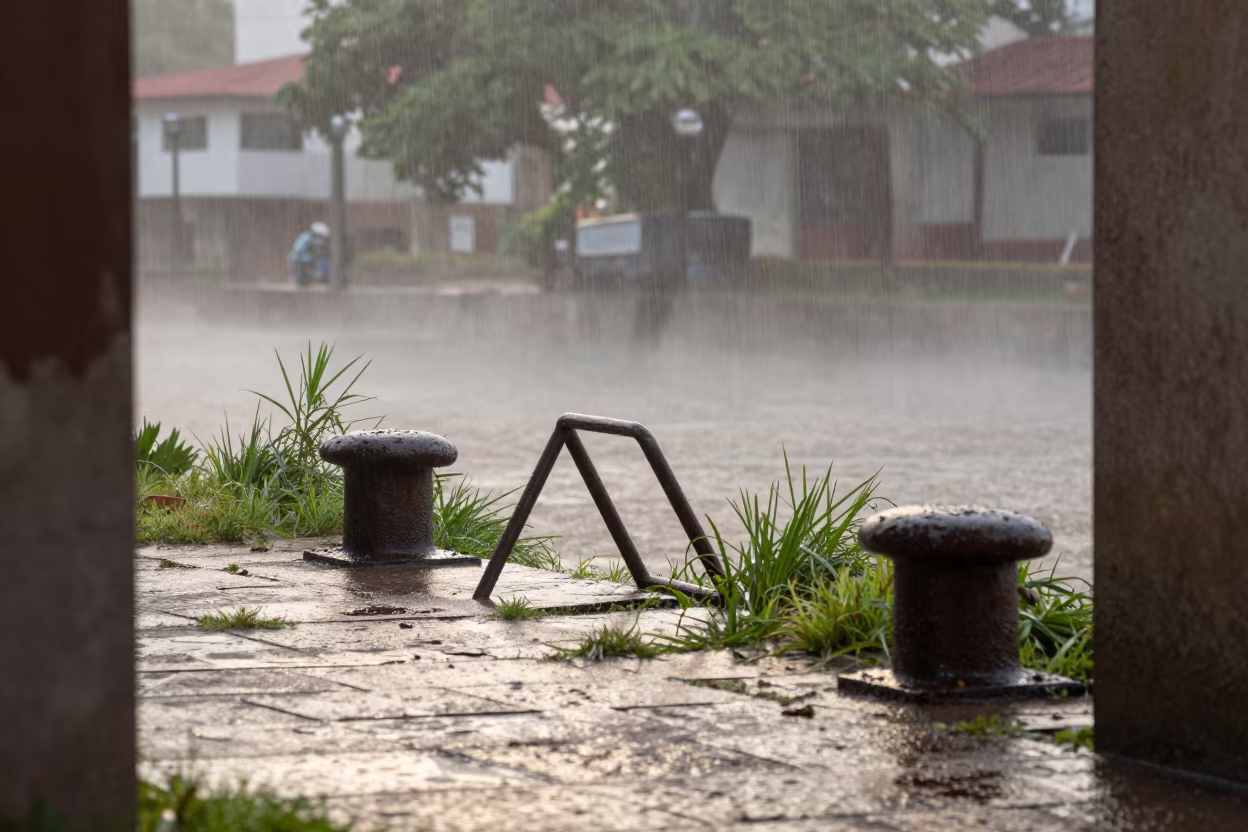 Crumbling Jetty Bollards in Caracas Courtyard Mist in through a courtyard reclaimed by grasses near Caracas