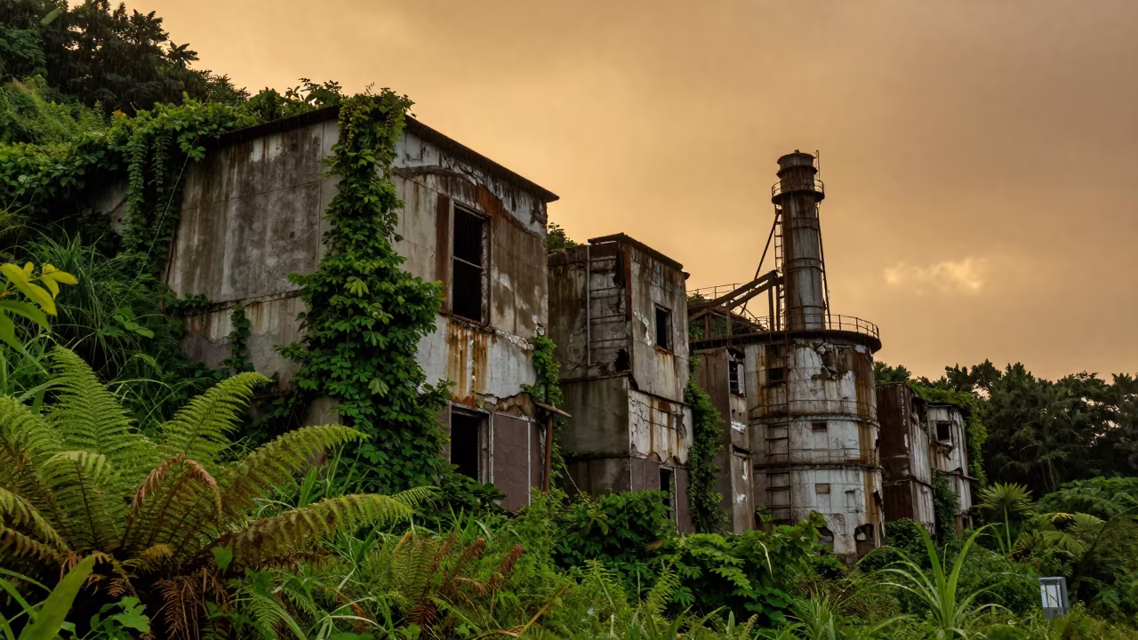 Crumbling Lime Kiln Overgrown Hillside Nagoya Sunset in in a machine shop near Nagoya