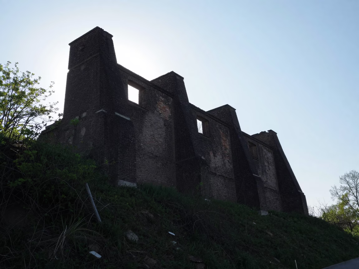 Crumbling Lime Kiln Silhouette in Early Evening Ravenna in on a factory floor near Ravenna