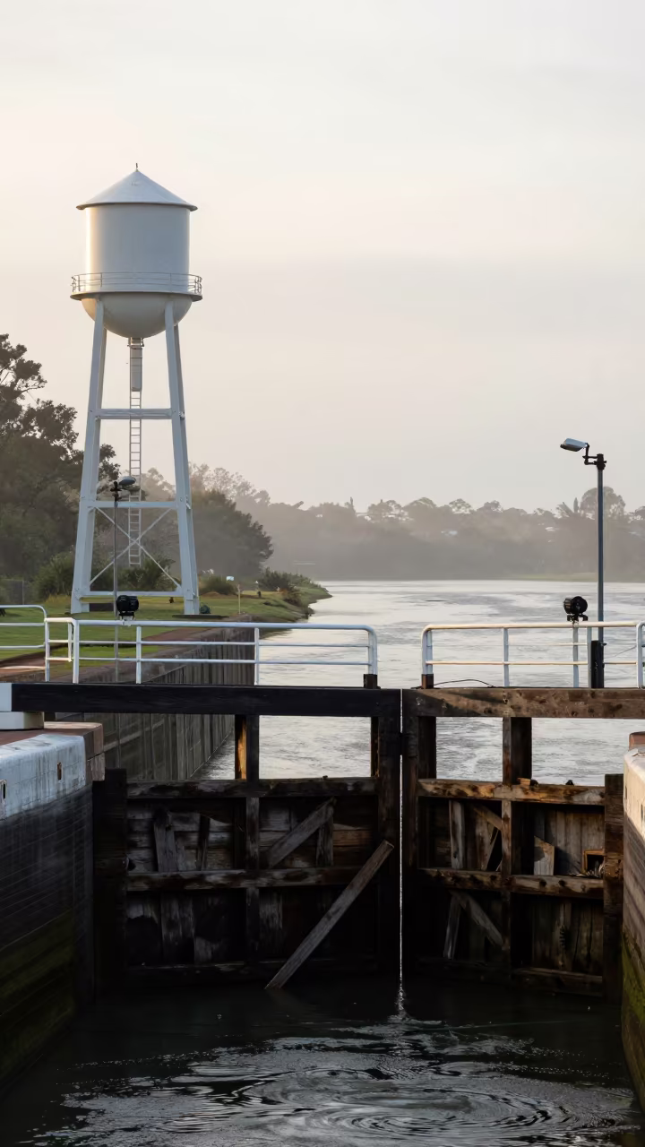 Crumbling Lock Gates in Misty Queensland Dawn in beside a water tower ladder in Queensland
