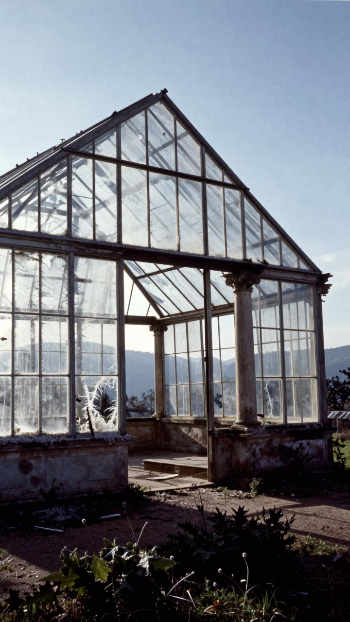 Crumbling Manor Greenhouse Ruin in Ecuador in among toppled columns and nettles near Guayaquil