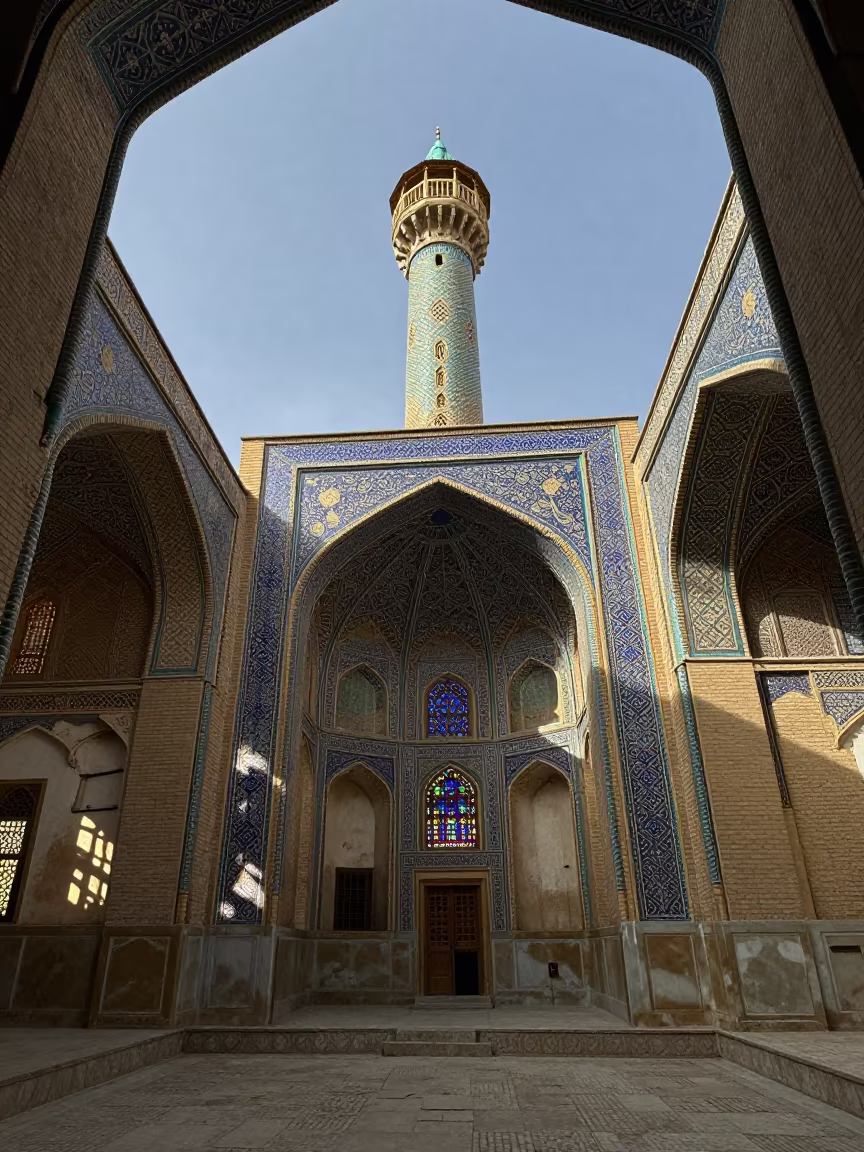 Crumbling Mosque Minaret in Isfahan Chapel in in a chapel lit by stained glass in Isfahan