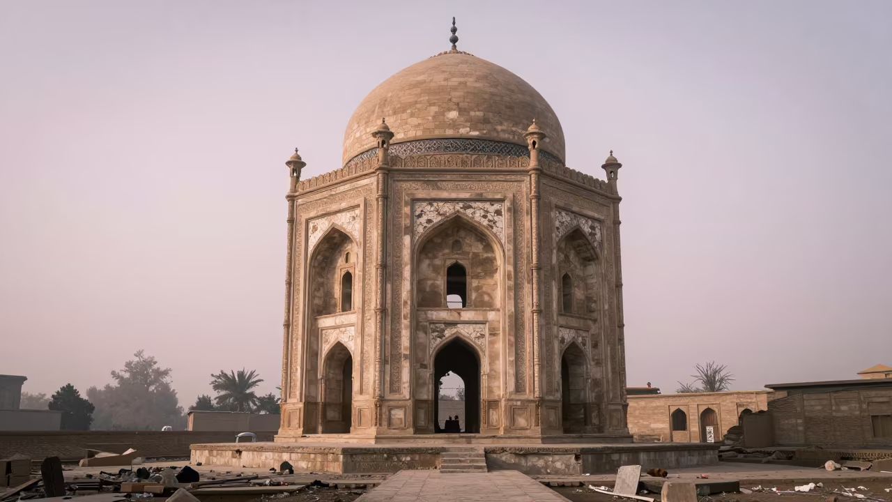 Crumbling Mughal Tomb in Baghdad Hammam Dawn in inside a roofless hammam near Baghdad