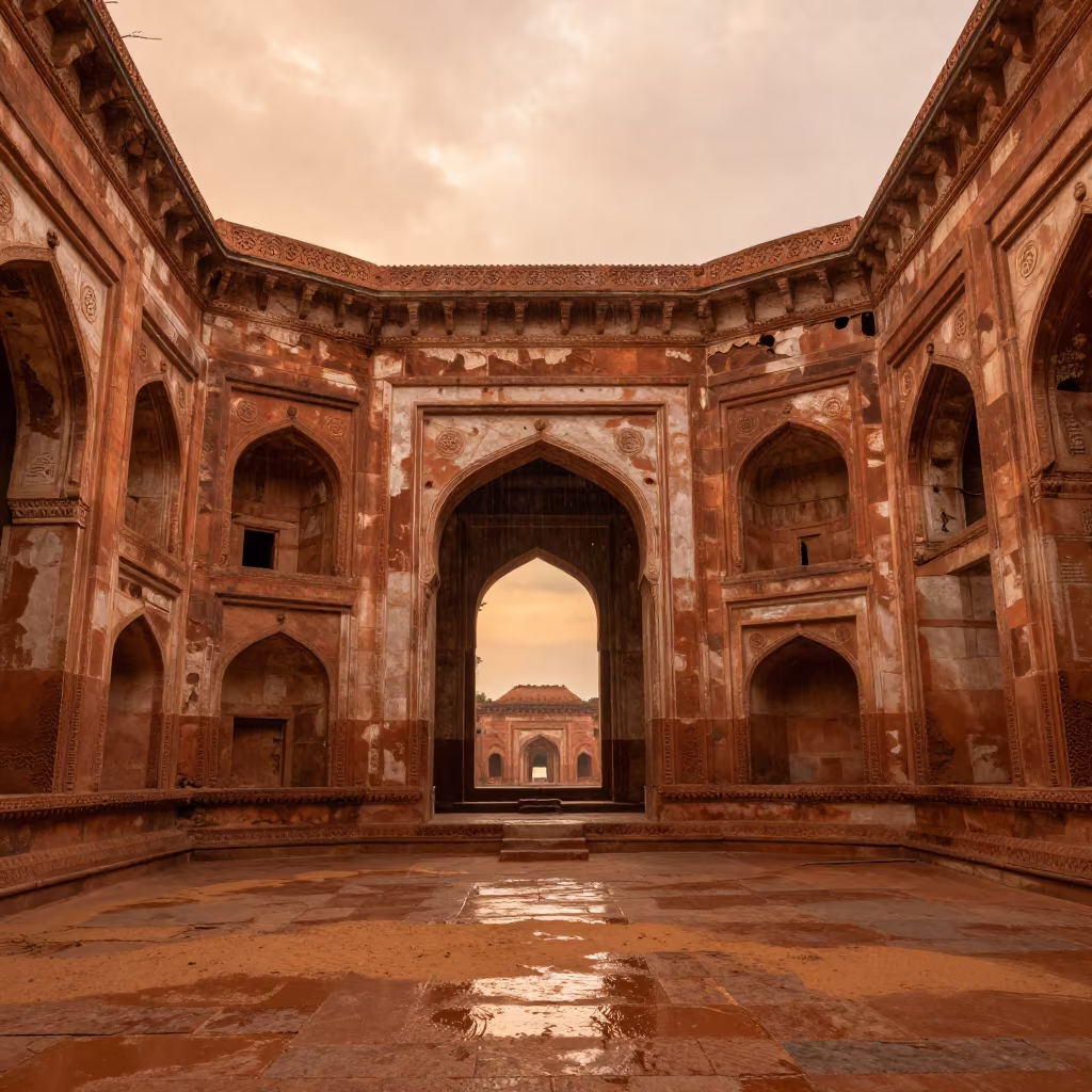 Crumbling Mughal Tomb in Darwin Rainy Season Light in inside a roofless nave near Darwin