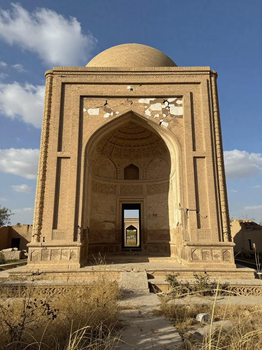 Crumbling Mughal Tomb Ruin Under Stone Arch in beneath a broken stone arch in Turkmenistan