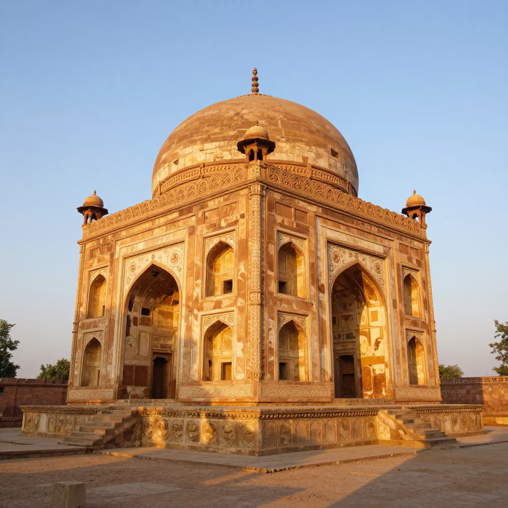 Crumbling Mughal Tomb Ruins Sunset Light in inside a roofless hammam near Bhilai