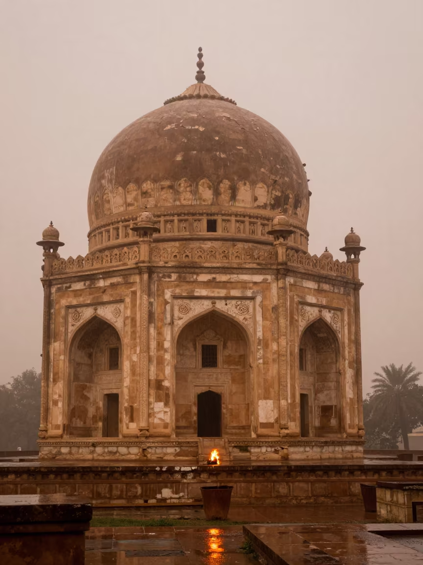 Crumbling Mughal Tomb in UAE Rainy Evening Fog in in United Arab Emirates