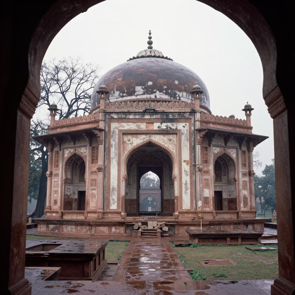Crumbling Mughal Tomb in Winter Rain in among roofless stone chambers near Ajmer