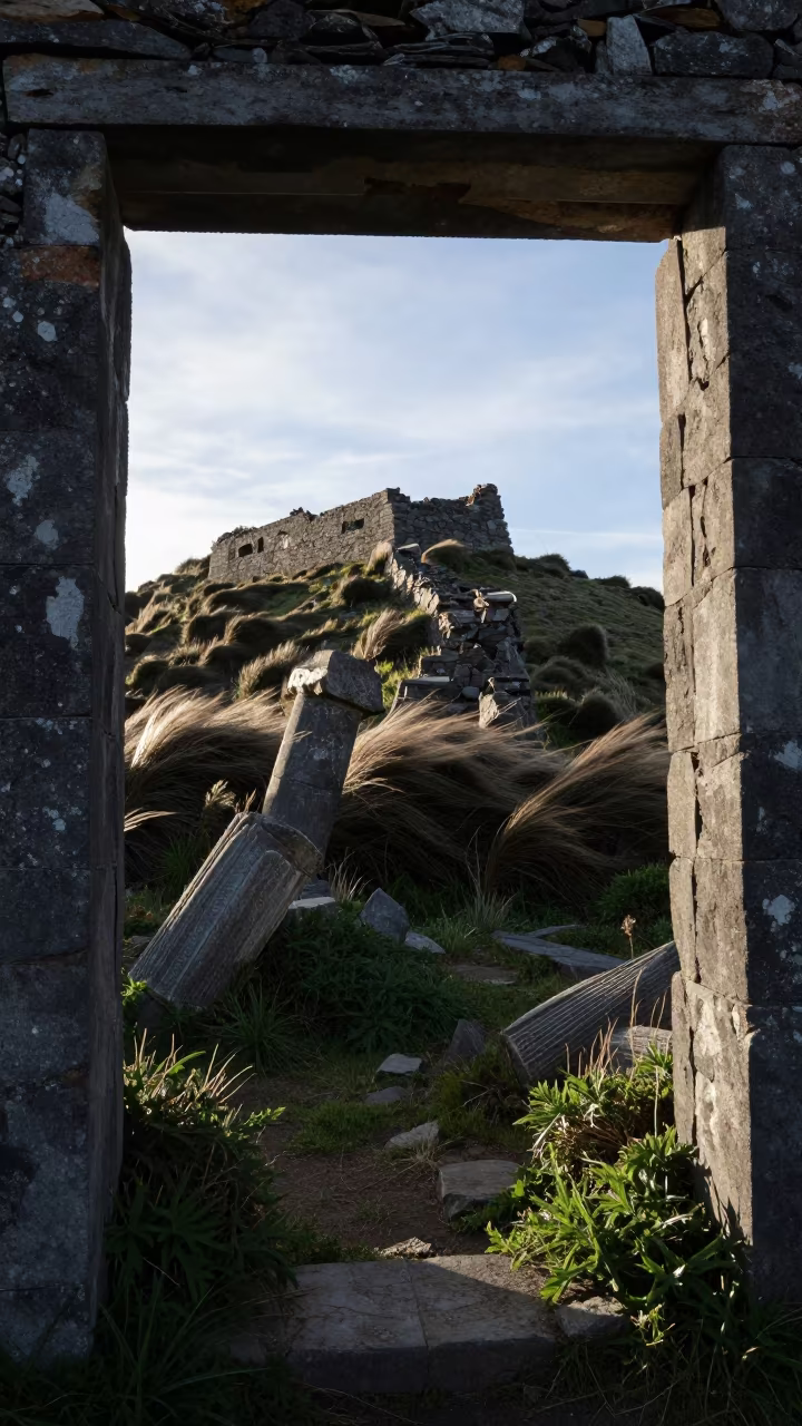 Crumbling Patagonian Fort Rim Light in among toppled columns and nettles in Patagonia