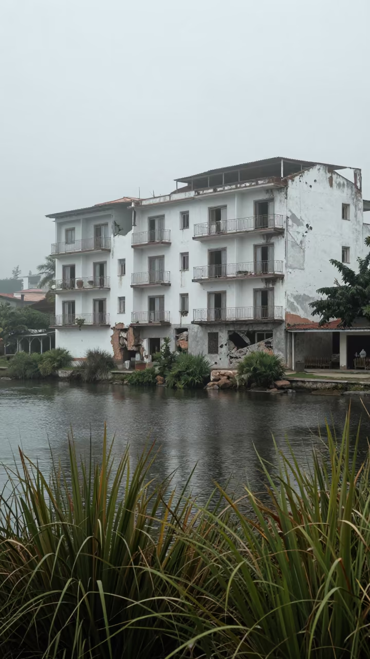 Crumbling Resort Hotel Through Misty Courtyard Grasses in through a courtyard reclaimed by grasses near Centro Historico, Mexico City