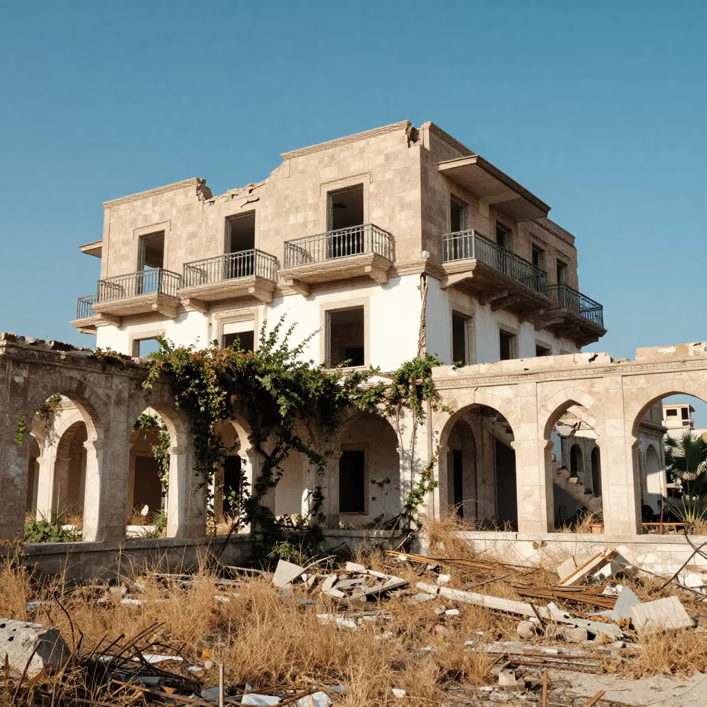 Crumbling Resort Hotel Ruins Near Isfahan in among collapsed cloisters near Isfahan