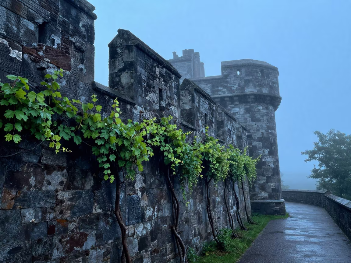 Crumbling Scottish Bastion in Winter Spray Twilight in along a vine-choked corridor in Scotland