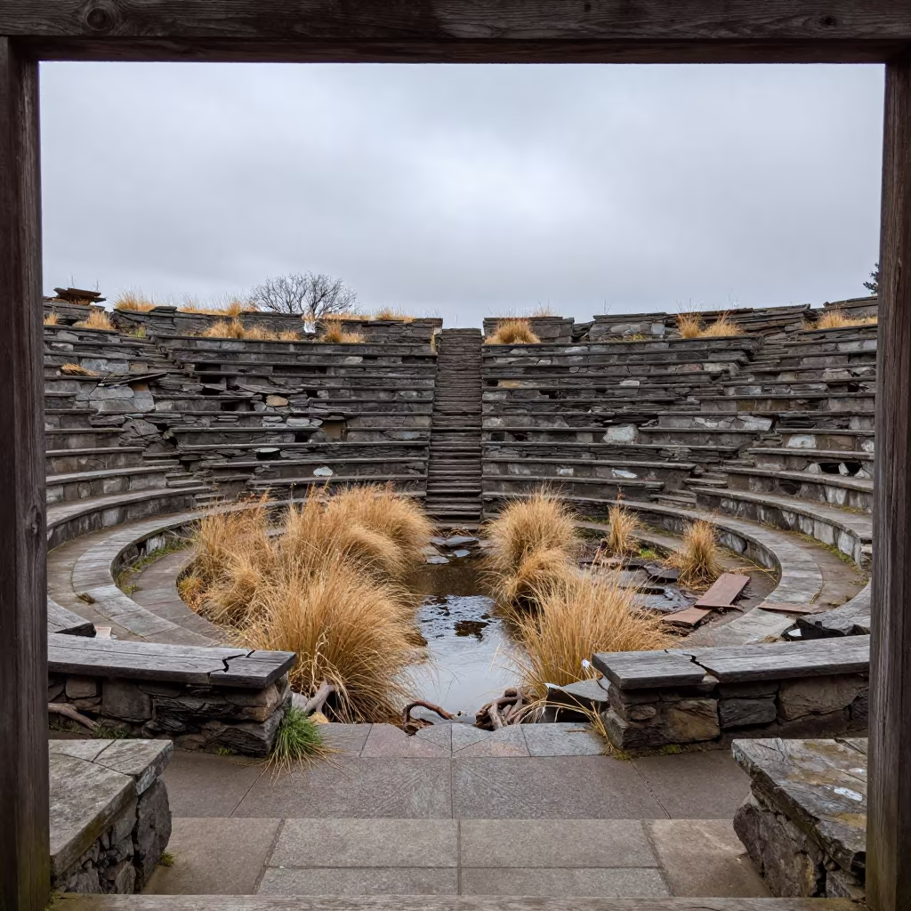 Crumbling Stone Amphitheater in Oregon Courtyard in through a courtyard reclaimed by grasses in Oregon