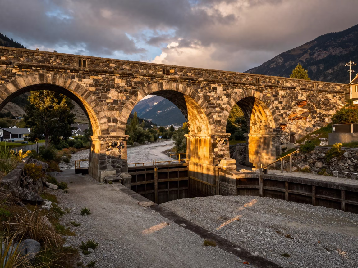 Crumbling Stone Aqueduct Over Dry Valley in at a canal lock chamber in British Columbia