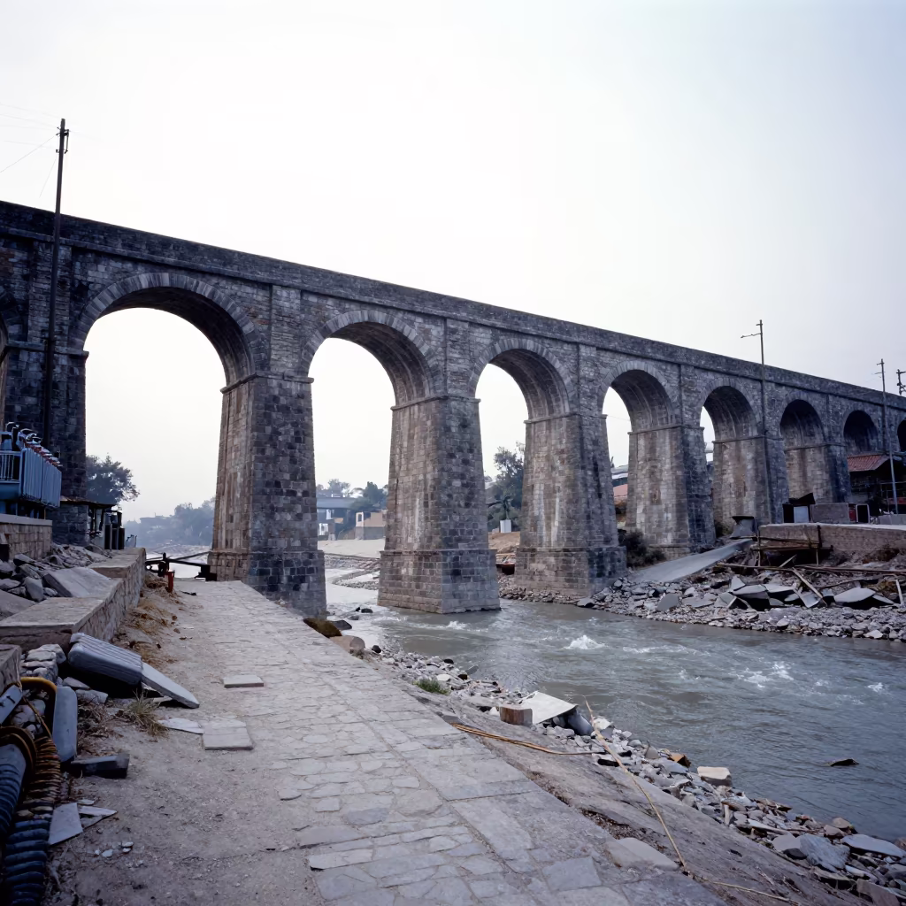 Crumbling Stone Aqueduct Over Dry Valley in Himachal Pradesh in along a levee path above floodwater in Himachal Pradesh