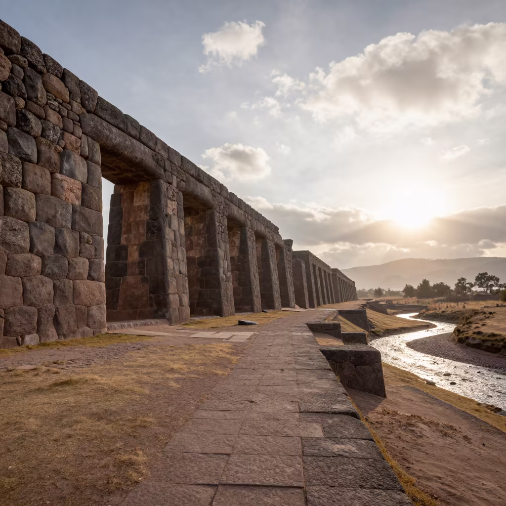 Crumbling Stone Aqueduct Over Dry Valley in along a levee path above floodwater near Sacsayhuaman, Cusco
