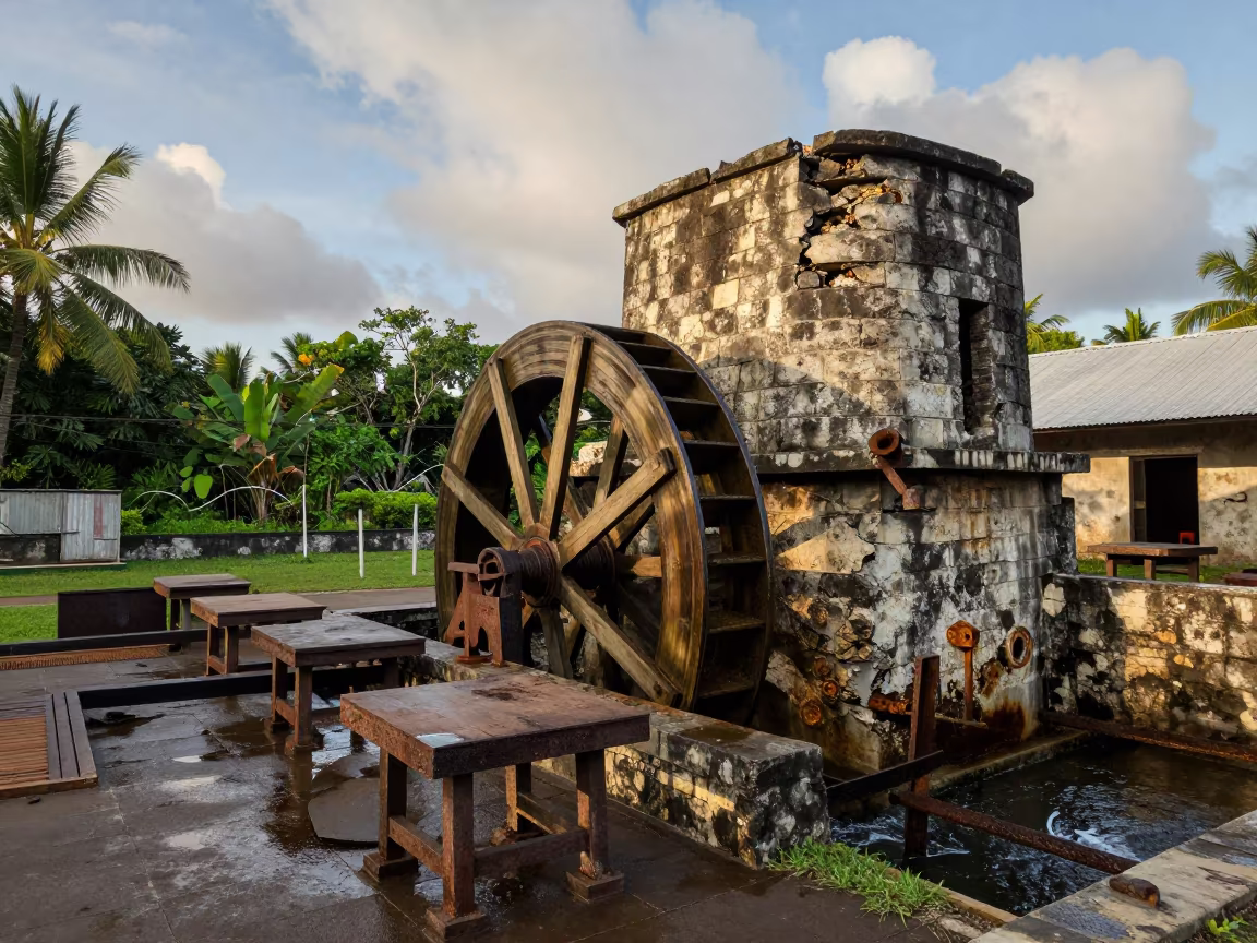 Crumbling Stone Mill Waterwheel in Comoros in along a food-processing floor with sorting tables in Comoros