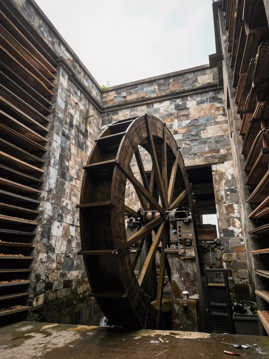 Crumbling Stone Mill Waterwheel in Leaf Drying Room in inside a leaf-drying room lined with mesh trays in Zhejiang