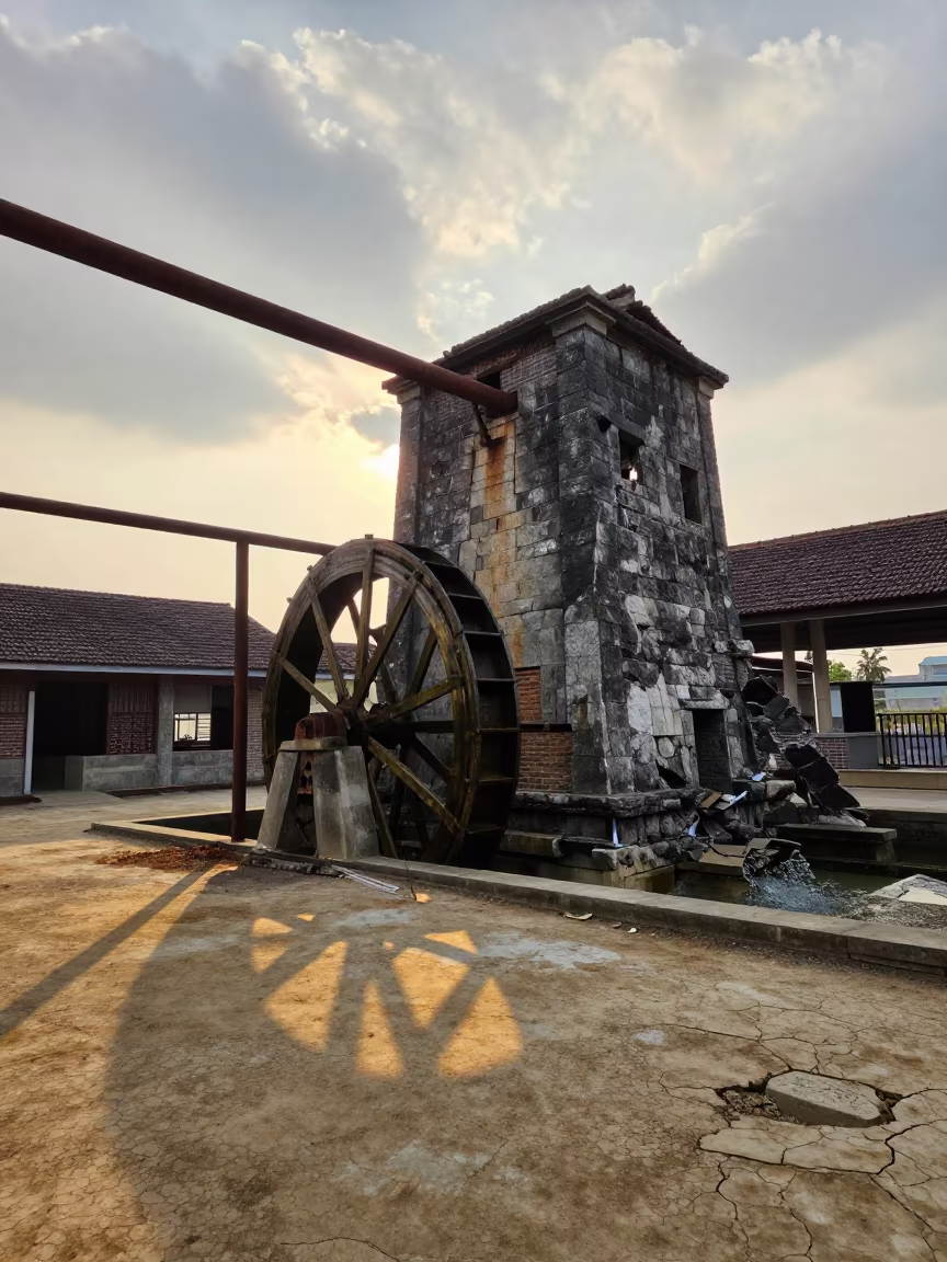 Crumbling Stone Mill Waterwheel in Tea Hall in inside a tea-processing hall near Taichung
