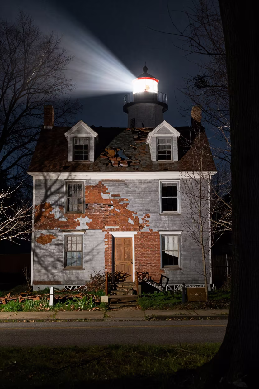 Crumbling Terraced Houses Ruin Night Sweep in inside a roofless nave in Connecticut