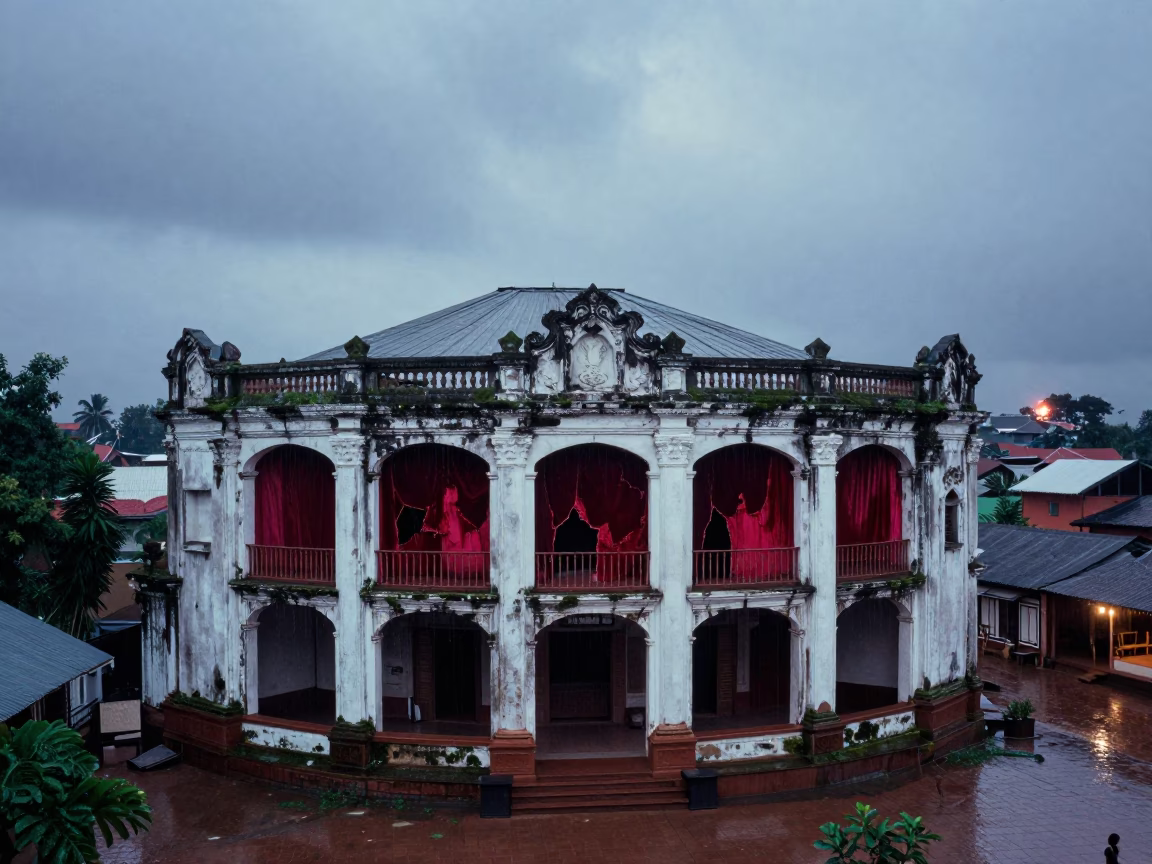 Crumbling Theater Facade in Roofless Hammam in inside a roofless hammam in Myanmar