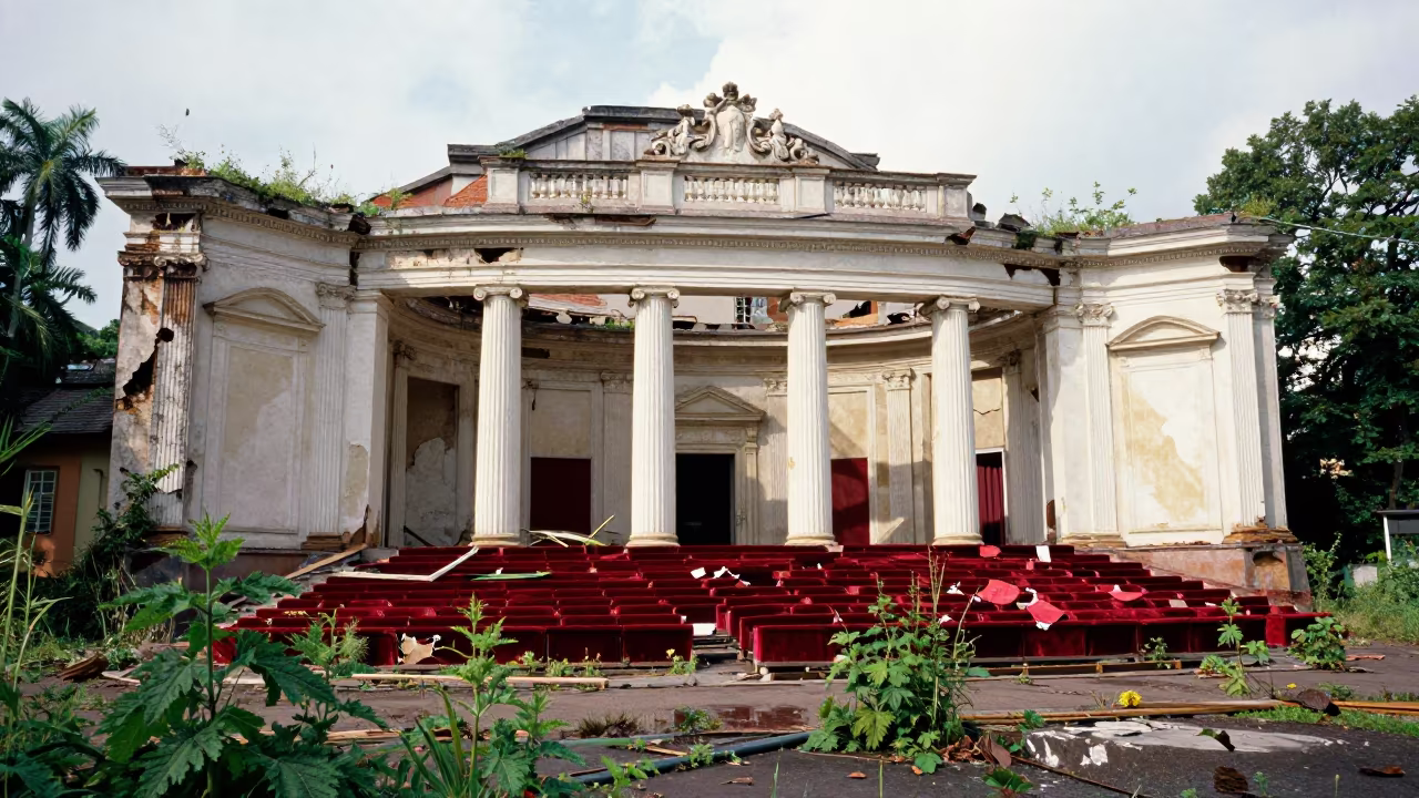 Crumbling Theater Ruin with Velvet Stalls in among toppled columns and nettles near Opole