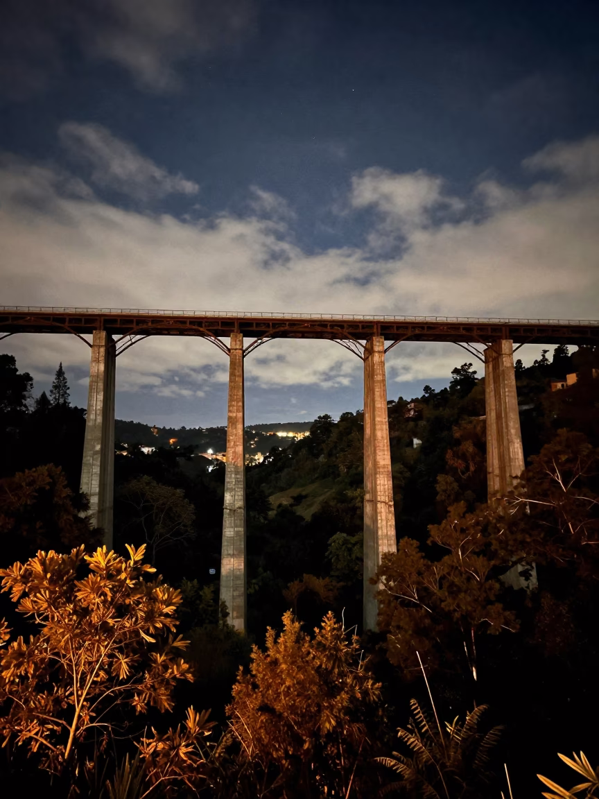 Crumbling Viaduct Over Bogota Valley at Night in under a viaduct of steel and concrete in Bogotá