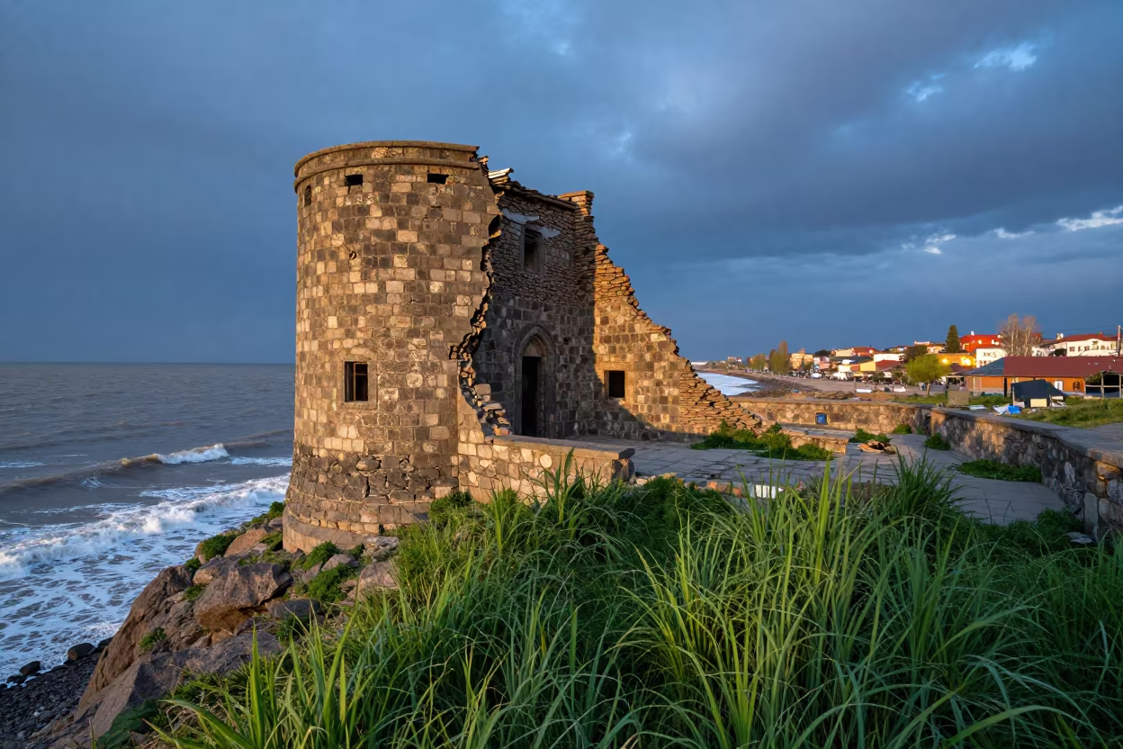Crumbling Watchtower Over Winter Surf Coastline in through a courtyard reclaimed by grasses in Armenia
