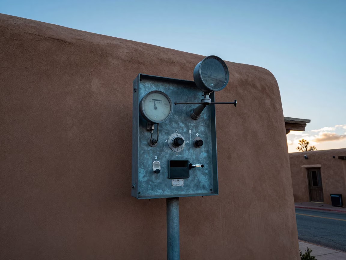 Crumbling Weather Station Instruments Outside Adobe Building in Santa Fe New Mexico Before Sunrise in in Santa Fe, New Mexico, United States