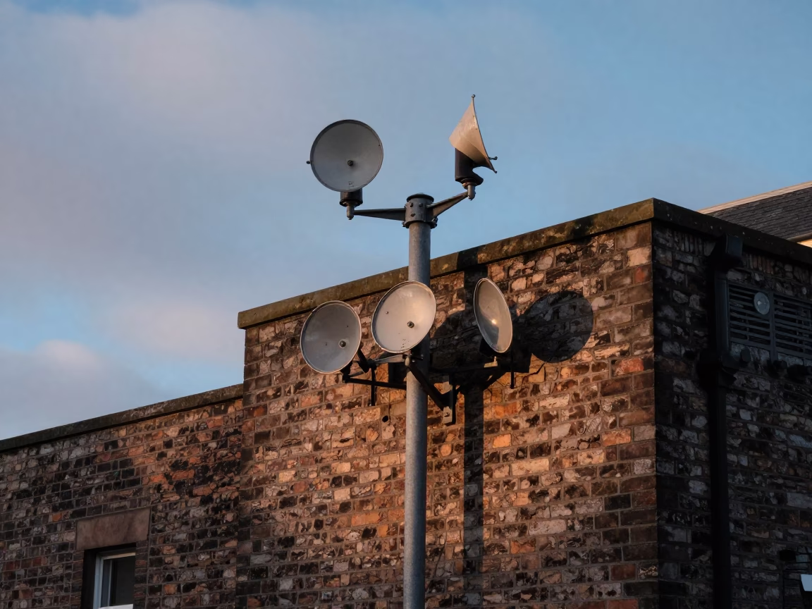 Crumbling Weather Station Instruments Outside Edinburgh Building at Nautical Dawn in in Edinburgh, United Kingdom
