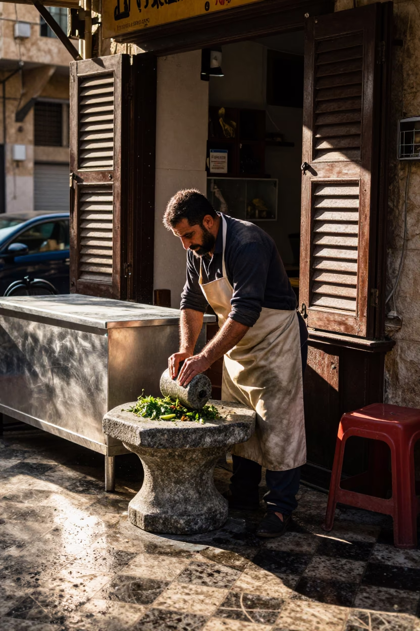 Crushing Herbs in Beirut in in Beirut, Lebanon