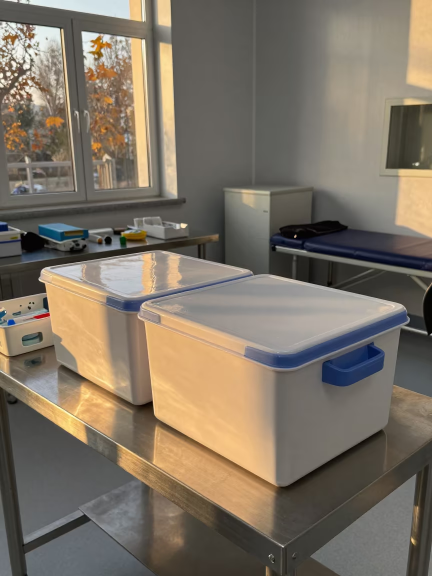 Cryobox Handoff Tote in Ahvaz Recovery Room in inside a recovery area with treatment stations aligned in Ahvaz
