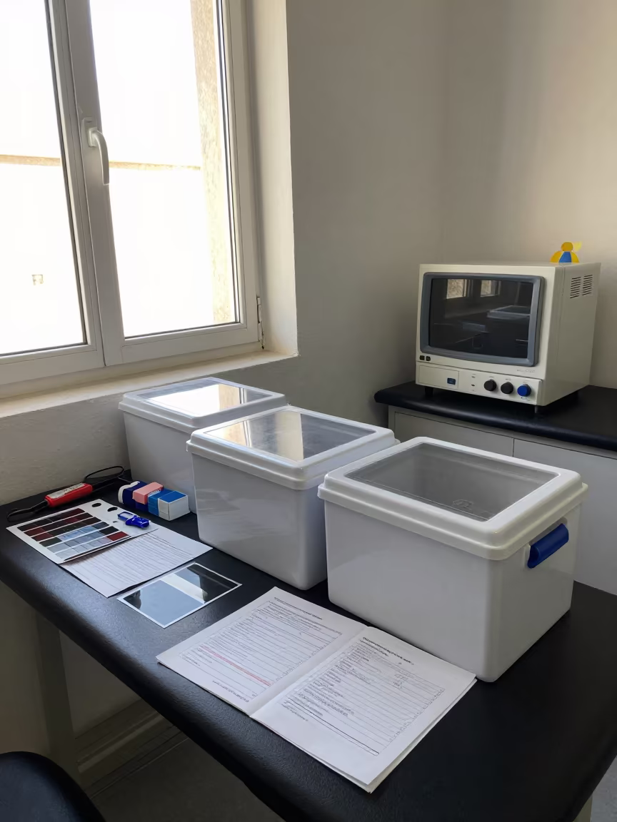 Cryobox Tote Handoff in Rehab Gym El Jadida in inside a rehab gym prepared for the first patients in El Jadida