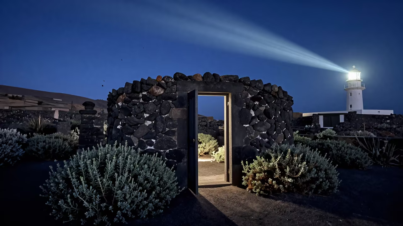 Crypt Door Ajar in Ruined Hammam Night in inside a roofless hammam in the Canary Islands