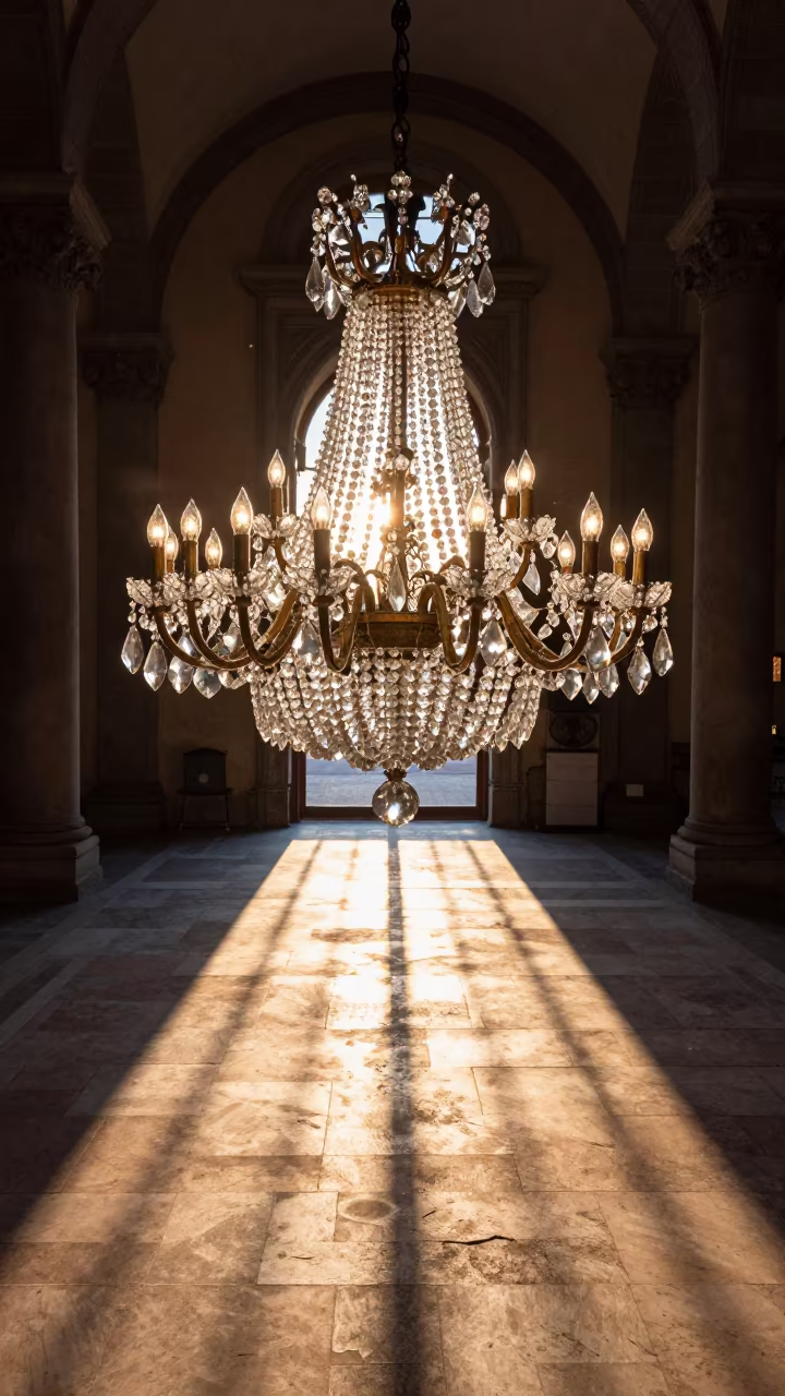 Crystal Chandelier Light Play in Brescia Atrium in inside a vaulted atrium in Brescia