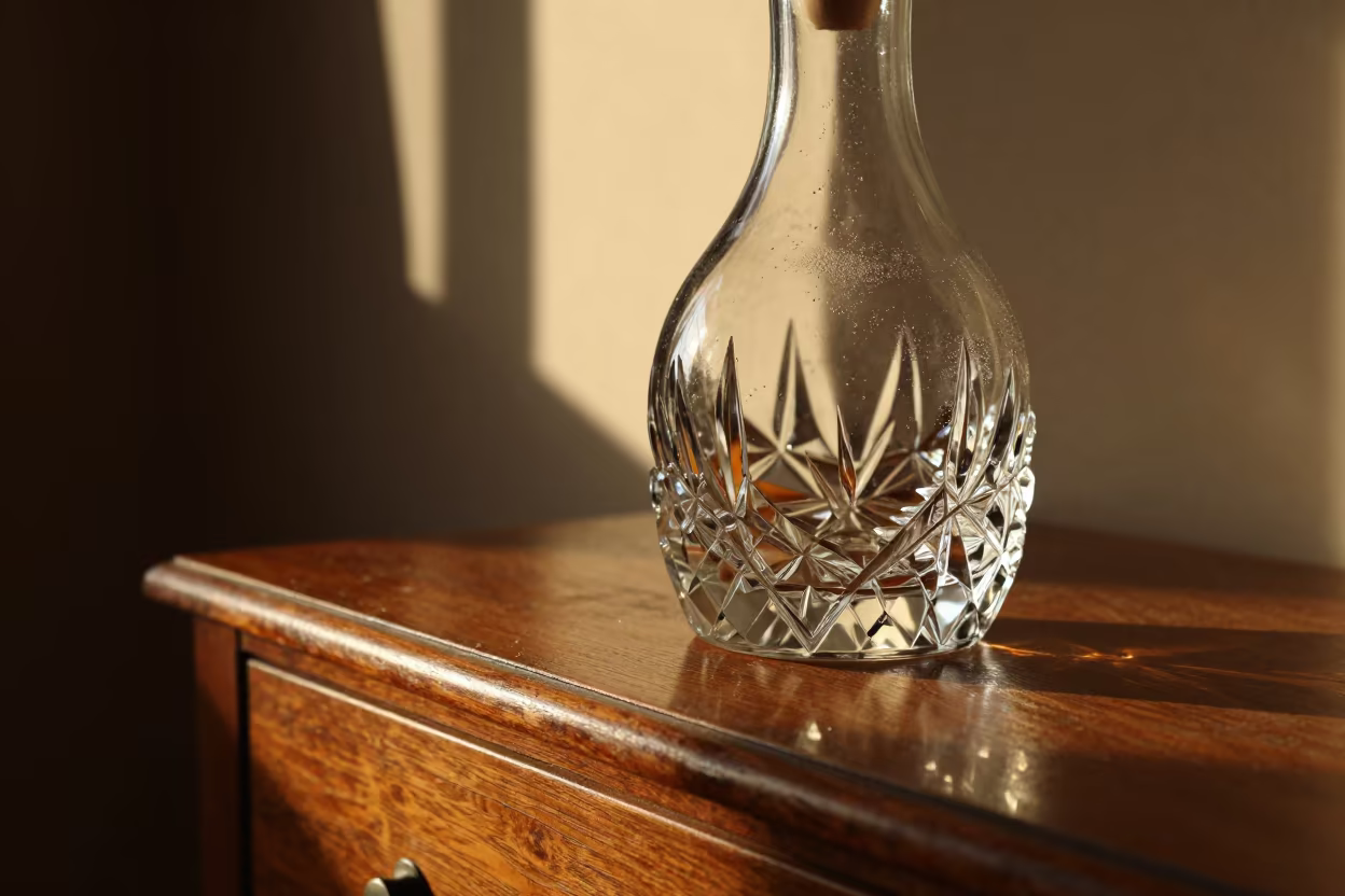 Crystal Decanter in Winter Hotel Light in on a hotel dresser in Daşoguz
