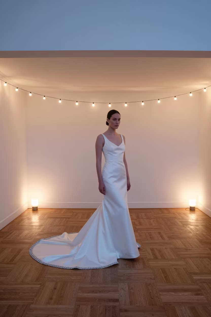 Crystal-Edged Couture Train on Parquet Floor in inside a minimalist showroom near Aberdeen