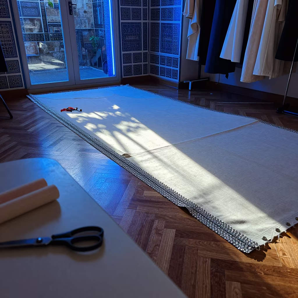 Crystal-Edged Train on Parquet in Jerusalem Tailor Shop in at a tailoring table strewn with chalk and shears in Jerusalem