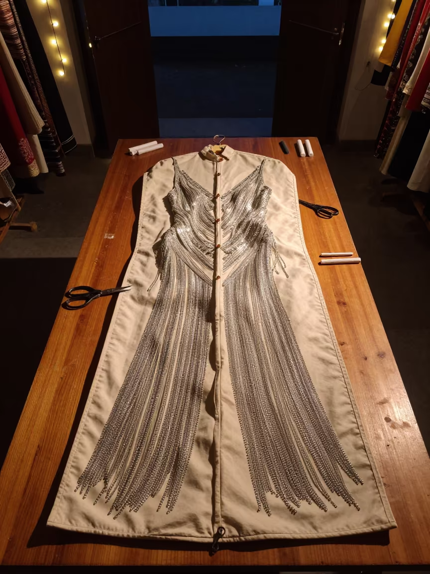 Crystal Fringe Dress Open on Tailoring Table Rajshahi in at a tailoring table strewn with chalk and shears in Rajshahi