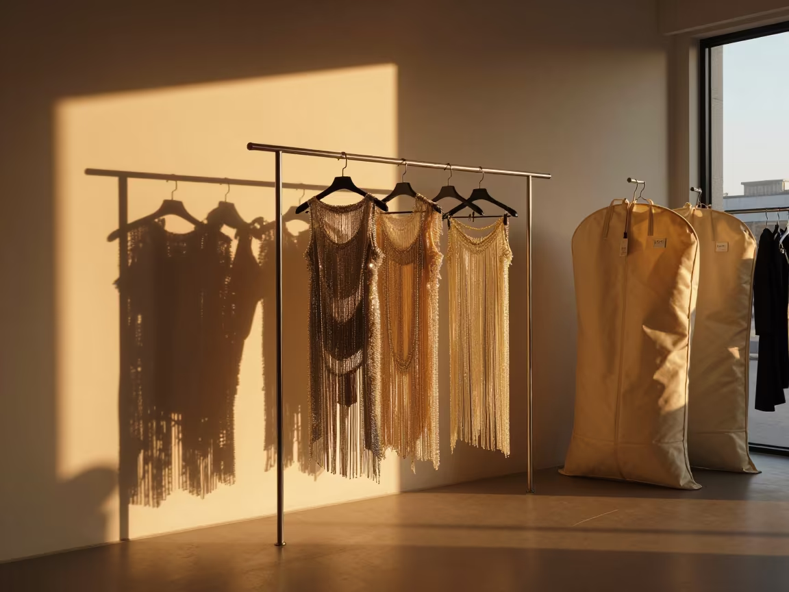 Crystal Fringe Garment in Amber Showroom Light in inside a minimalist showroom in Hefei
